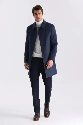 Navy Comfort Fit Berber Collar Plaid Patterned Wool Cashmere Coat - JAKAMEN (1)