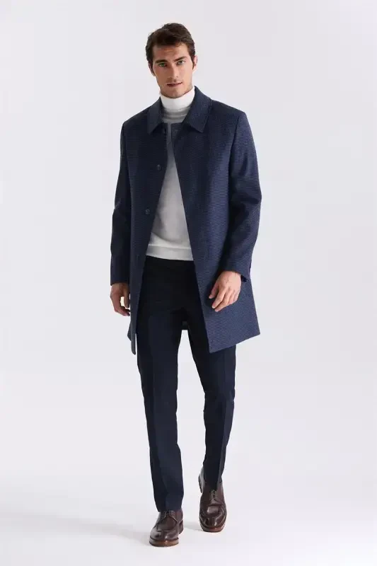 Navy Comfort Fit Berber Collar Plaid Patterned Wool Cashmere Coat - 2