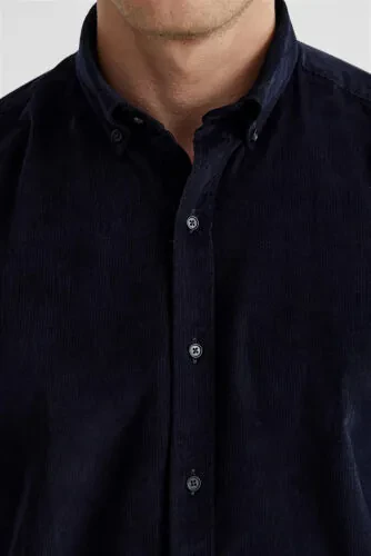 Navy Comfort Fit Button Down 100% Cotton Corduroy Shirt - 3
