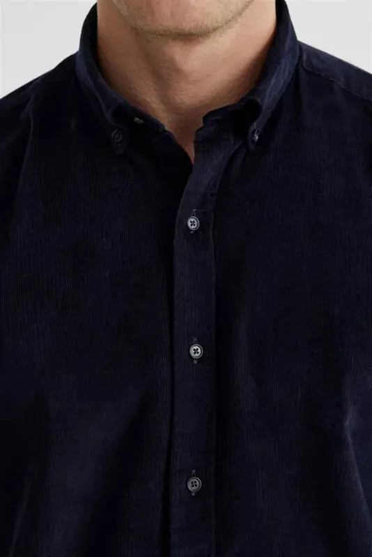 Navy Comfort Fit Button-Down 100% Cotton Velvet Shirt - 3