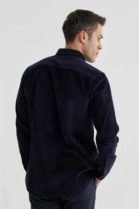 Navy Comfort Fit Button-Down 100% Cotton Velvet Shirt - 4