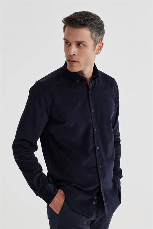 Navy Comfort Fit Button-Down 100% Cotton Velvet Shirt - 2