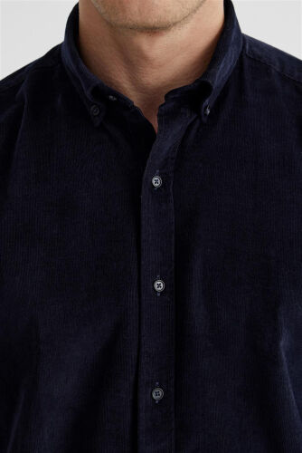 Navy Comfort Fit Button-Down 100% Cotton Velvet Shirt - 3