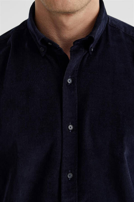 Navy Comfort Fit Button-Down 100% Cotton Velvet Shirt - 3