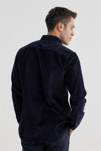 Navy Comfort Fit Button-Down 100% Cotton Velvet Shirt - 4