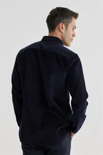 Navy Comfort Fit Button-Down Collar 100% Cotton Velvet Shirt - 4