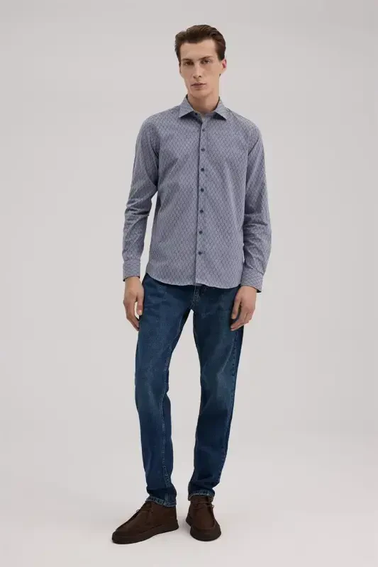 Navy Comfort Fit Button-Down Collar Patterned Shirt - JAKAMEN