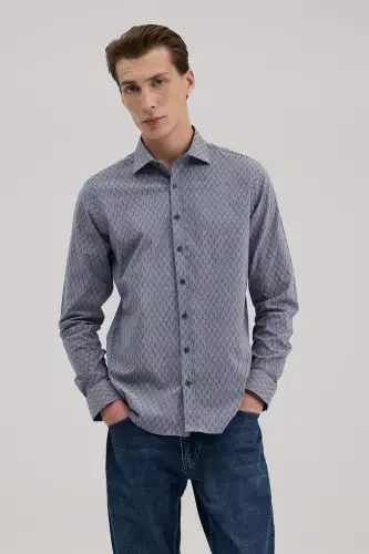 Navy Comfort Fit Button-Down Collar Patterned Shirt - 2