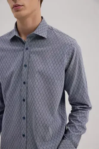 Navy Comfort Fit Button-Down Collar Patterned Shirt - 3