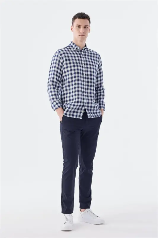 Navy Comfort Fit Checked 100% Linen Shirt - 2