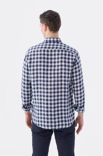 Navy Comfort Fit Checked 100% Linen Shirt - 4