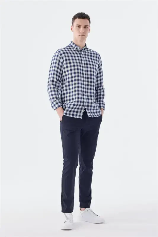 Navy Comfort Fit Checked 100% Linen Shirt - 2