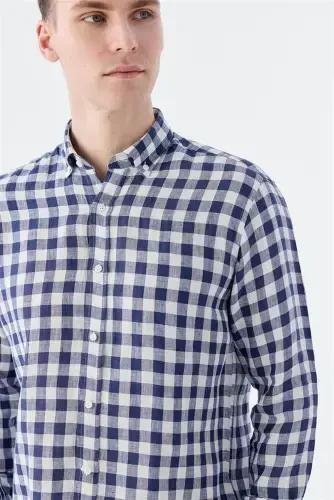 Navy Comfort Fit Checked 100% Linen Shirt - 3