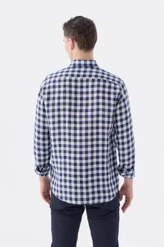 Navy Comfort Fit Checked 100% Linen Shirt - 4