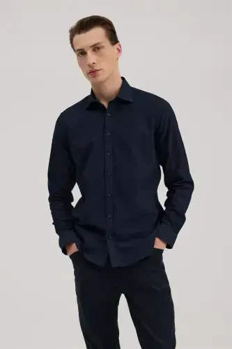 Navy Comfort Fit Classic Collar Cotton Blend Shirt - 1