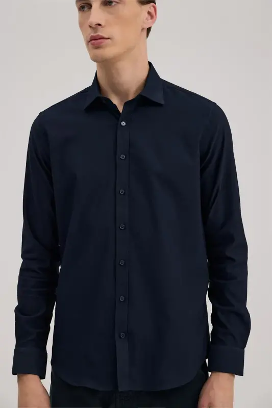 Navy Comfort Fit Classic Collar Cotton Blend Shirt - 3