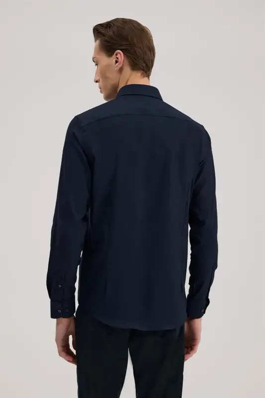 Navy Comfort Fit Classic Collar Cotton Blend Shirt - 4