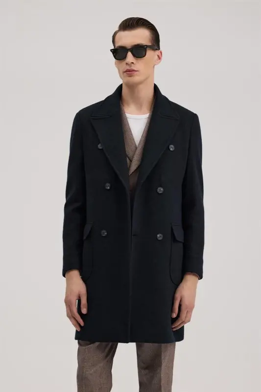 Navy Comfort Fit Double Breasted Wool Coat - 1
