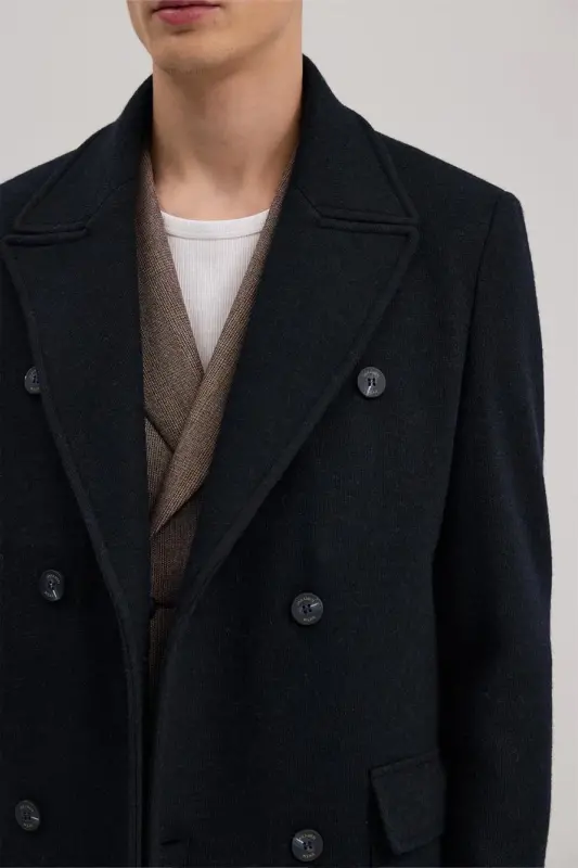 Navy Comfort Fit Double Breasted Wool Coat - 3