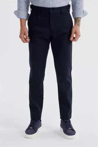 Navy Comfort Fit Double Pleated Buckled Waist Cotton Canvas Trousers 