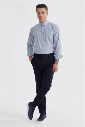 Navy Comfort Fit Double Pleated Buckled Waist Cotton Canvas Trousers - JAKAMEN (1)