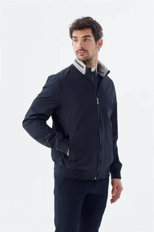 Navy Comfort Fit Hooded Casual Seasonal Sports Jacket - 1