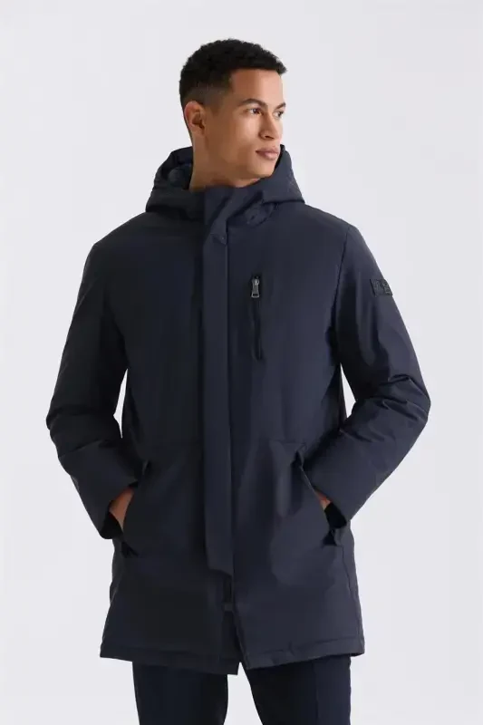 Navy Comfort Fit Hooded Concealed Zipper Winter Jacket - 1