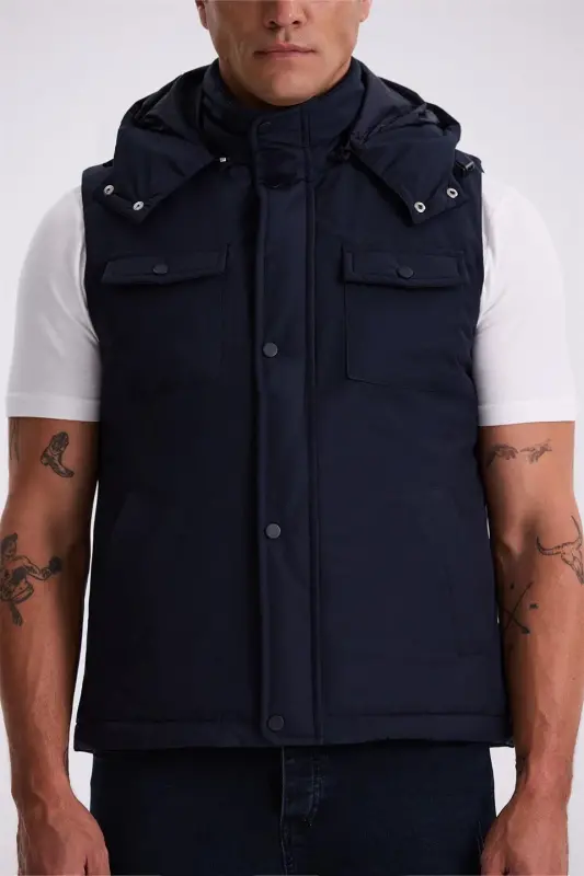 Navy Comfort Fit Hooded Safari Vest with Pockets - 3