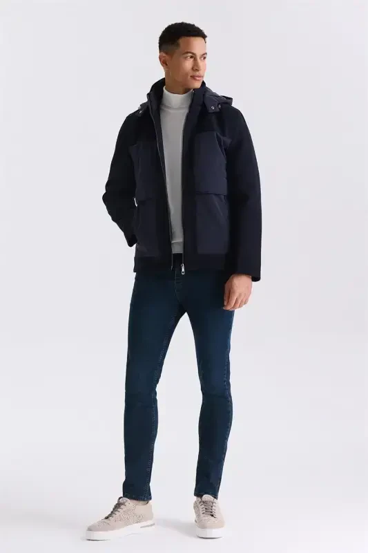 Navy Comfort Fit Hoodie Detailed Winter Coat - 2