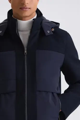Navy Comfort Fit Hoodie Detailed Winter Coat - 3