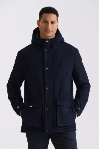 Navy Comfort Fit Hoodie Wool Jacket 