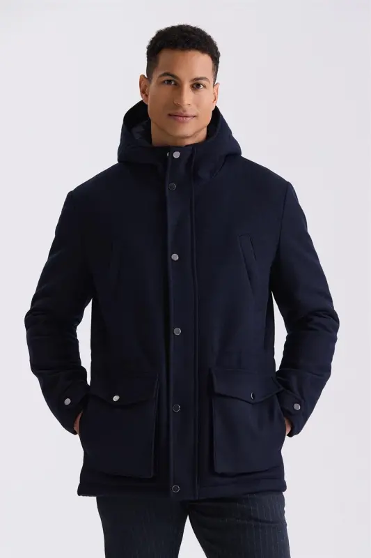 Navy Comfort Fit Hoodie Wool Jacket - 1