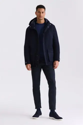 Navy Comfort Fit Hoodie Wool Jacket - 2