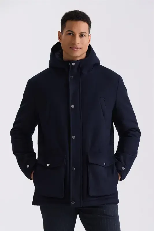 Navy Comfort Fit Hoodie Wool Jacket - JAKAMEN