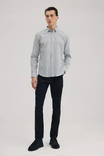 Navy Comfort Fit Linen Blend Striped Shirt - 2