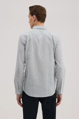 Navy Comfort Fit Linen Blend Striped Shirt - 4