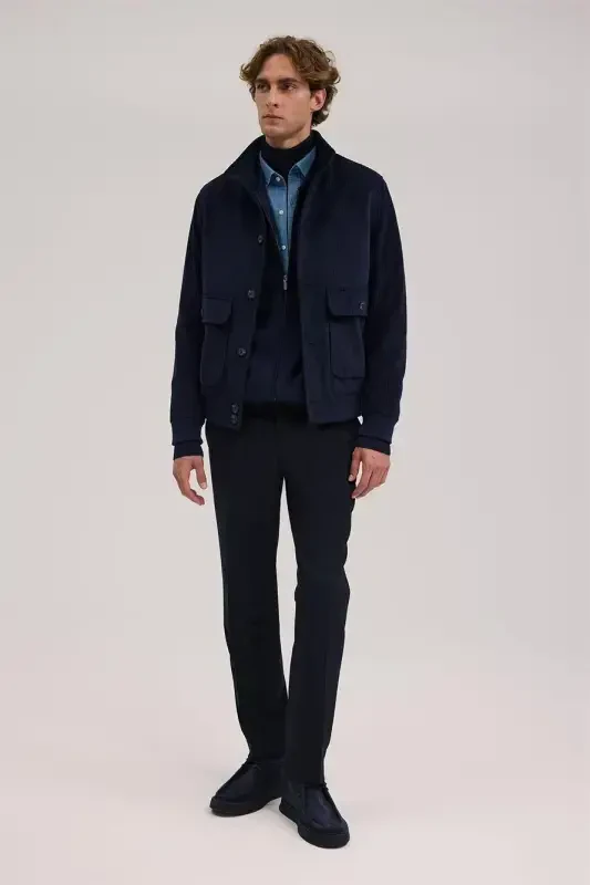 Navy Comfort Fit Mandarin Collar Velvet Jacket - 2