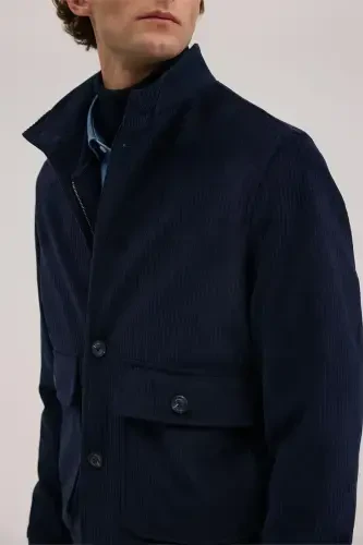 Navy Comfort Fit Mandarin Collar Velvet Jacket - 3