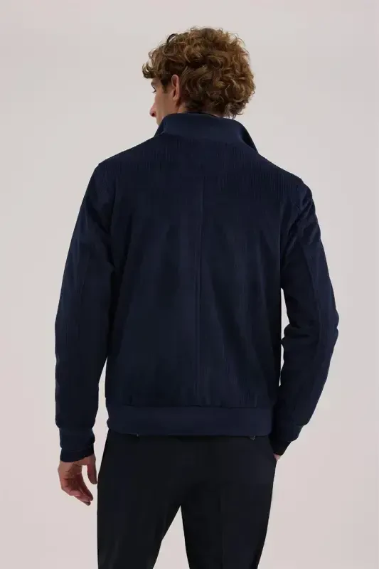 Navy Comfort Fit Mandarin Collar Velvet Jacket - 4