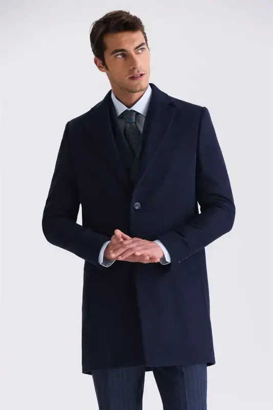 Navy Comfort Fit Mono Collar Side Pocket Cashmere Coat - 1