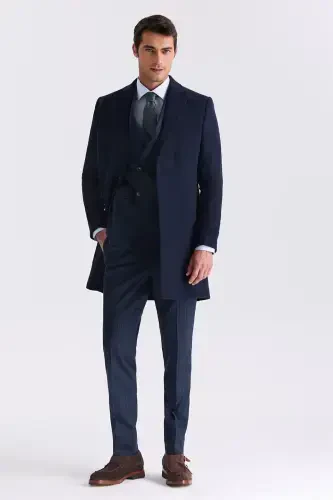 Navy Comfort Fit Mono Collar Side Pocket Cashmere Coat - JAKAMEN (1)