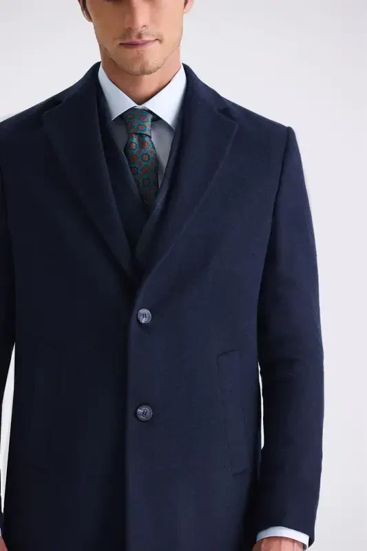 Navy Comfort Fit Mono Collar Side Pocket Cashmere Coat - 3