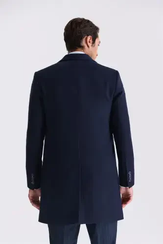 Navy Comfort Fit Mono Collar Side Pocket Cashmere Coat - 4