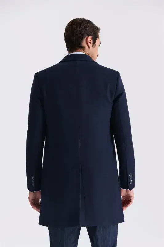 Navy Comfort Fit Mono Collar Side Pocket Cashmere Coat - 4