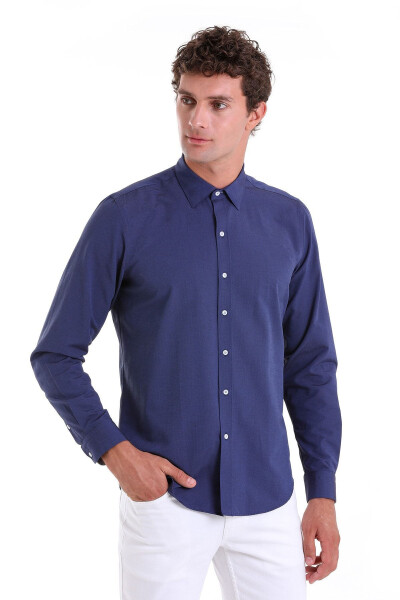 Navy Comfort Fit Patterned Cotton Slim Collar Long Sleeve - HATEMOĞLU