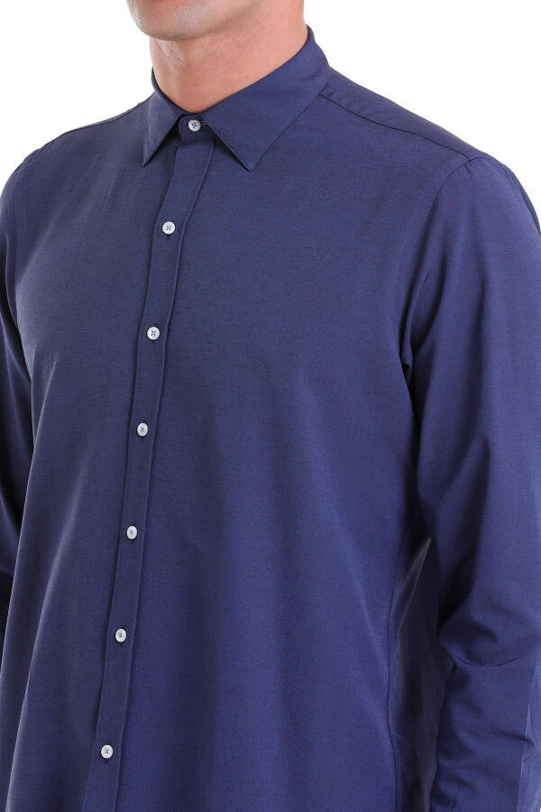 Navy Comfort Fit Patterned Cotton Slim Collar Long Sleeve - 4