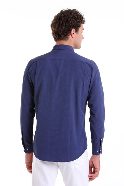 Navy Comfort Fit Patterned Cotton Slim Collar Long Sleeve - 6