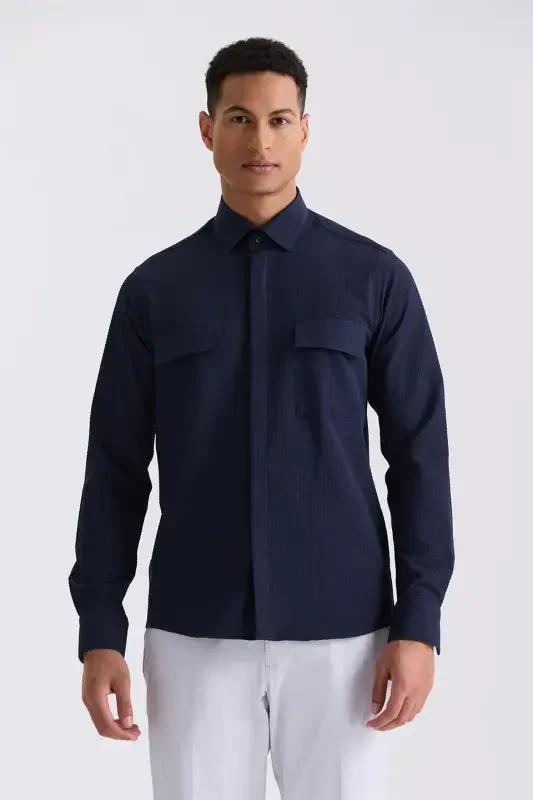 Navy Comfort Fit Patterned Sports Shirt - 1