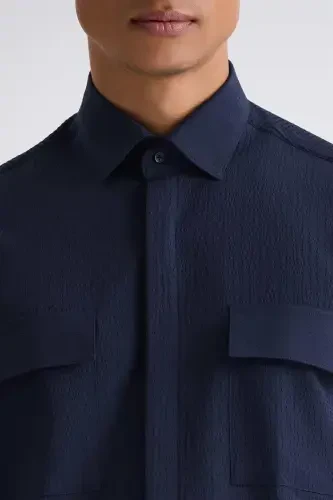 Navy Comfort Fit Patterned Sports Shirt - 3