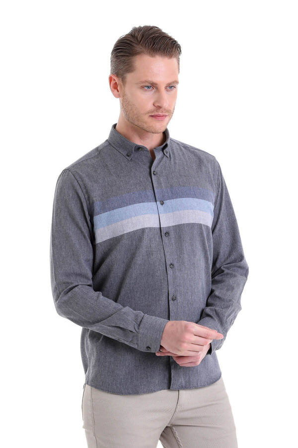 Navy Comfort Fit Plain Button Down Collar Long Sleeve C - 2